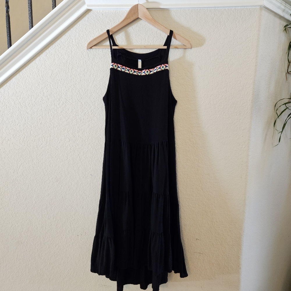 ANTHROPOLGIE UNCLE FRANK Womens HiLow Tiered Black with Embroidered Trim Dress S